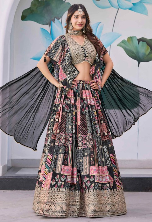 Glamorous Black Chinon Digital Printed Party Wear Lehenga Choli