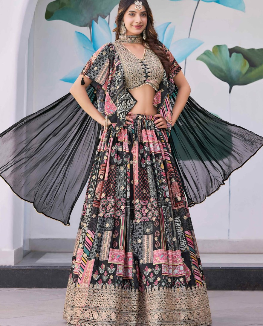 7050black - Glamorous Black Chinon Digital Printed Party Wear Lehenga Choli