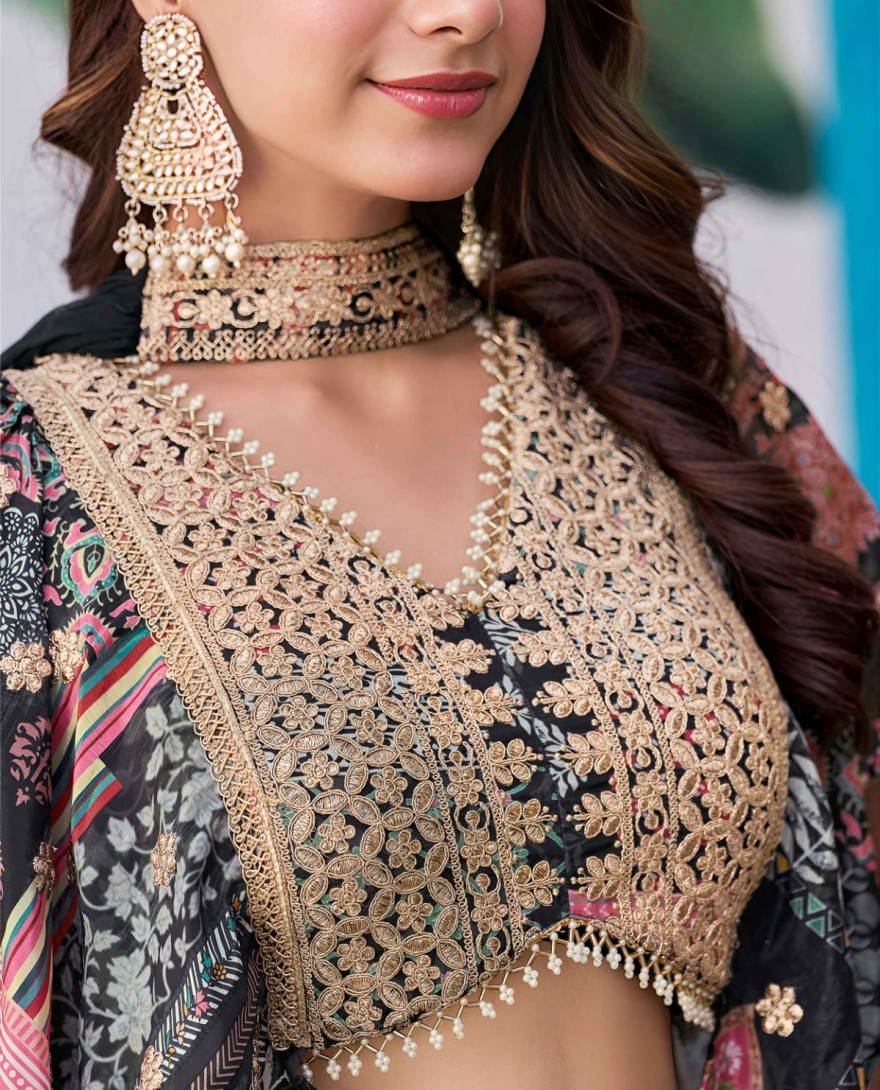 7050black - Glamorous Black Chinon Digital Printed Party Wear Lehenga Choli