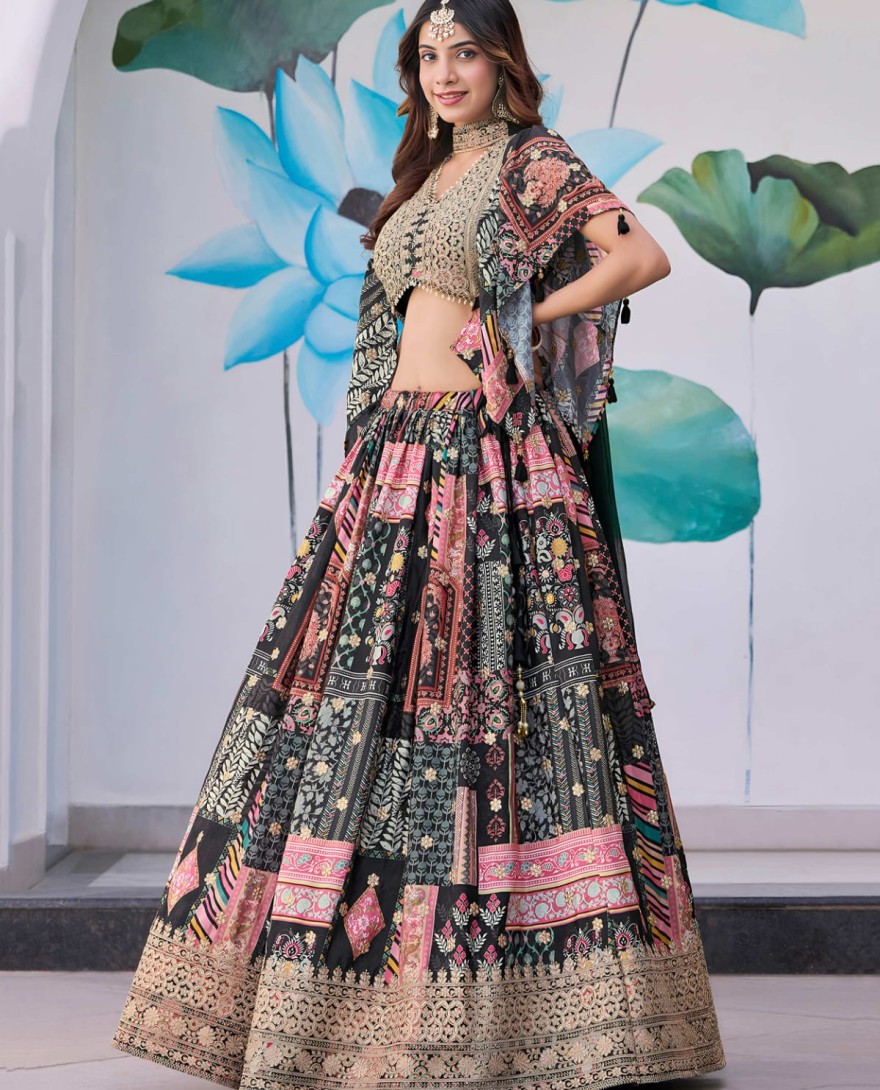 7050black - Glamorous Black Chinon Digital Printed Party Wear Lehenga Choli