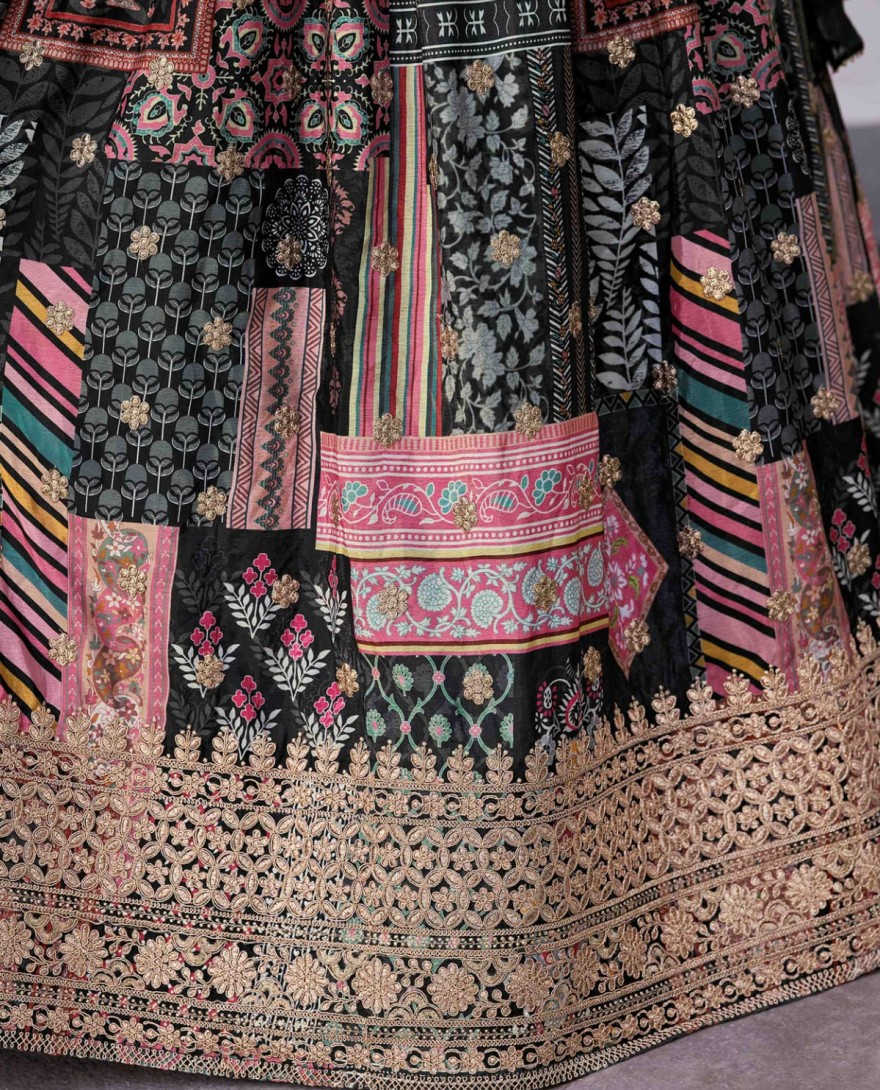 7050black - Glamorous Black Chinon Digital Printed Party Wear Lehenga Choli
