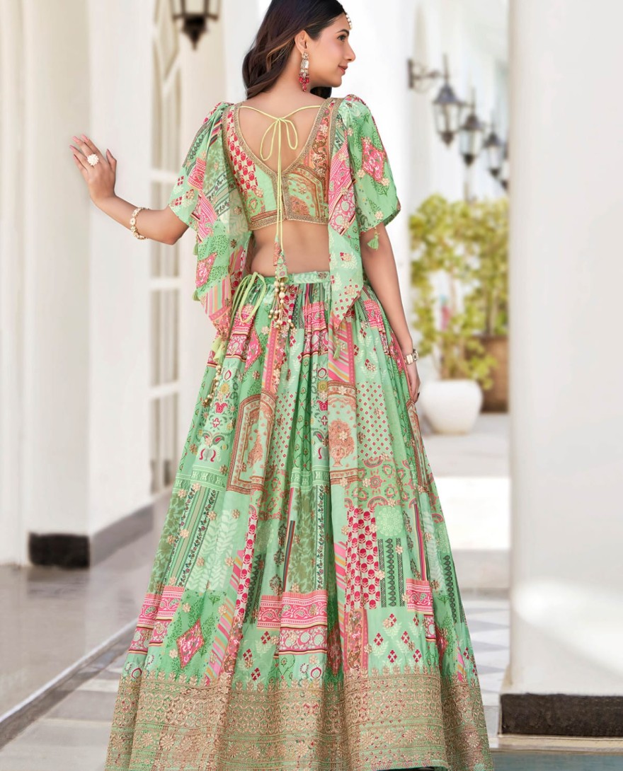7050green - Gorgeous Pista Green Chinon Dori Embroidered Lehenga Choli