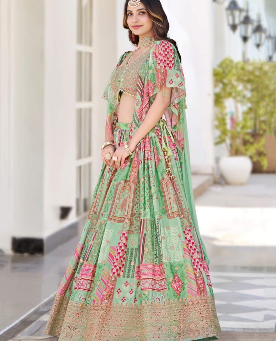 7050green - Gorgeous Pista Green Chinon Dori Embroidered Lehenga Choli