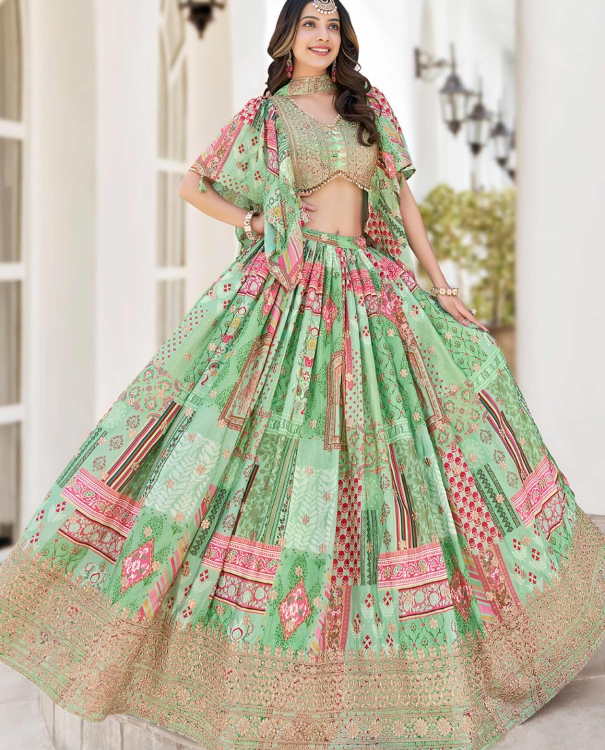 7050green - Gorgeous Pista Green Chinon Dori Embroidered Lehenga Choli