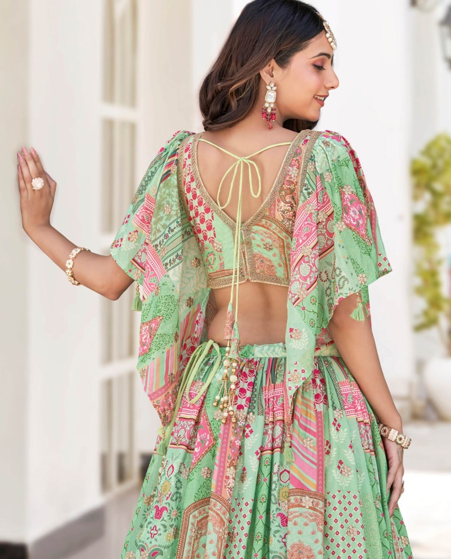 7050green - Gorgeous Pista Green Chinon Dori Embroidered Lehenga Choli