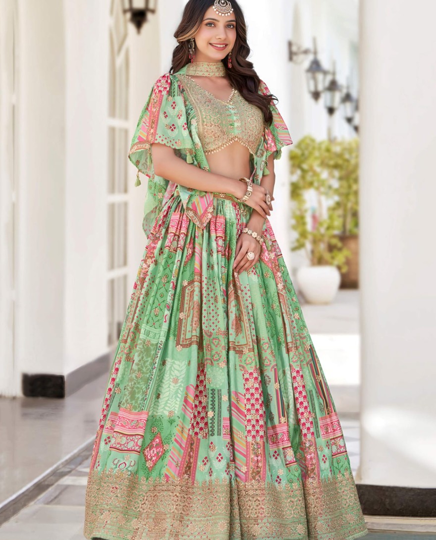 7050green - Gorgeous Pista Green Chinon Dori Embroidered Lehenga Choli