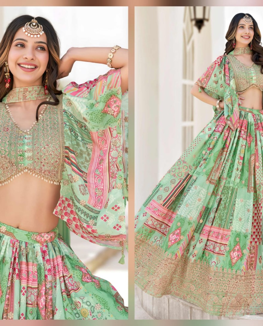 7050green - Gorgeous Pista Green Chinon Dori Embroidered Lehenga Choli