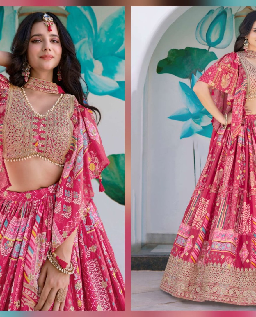 7050pink - Timeless Pink Zari Embroidered Chinon Lehenga Choli With Dupatta
