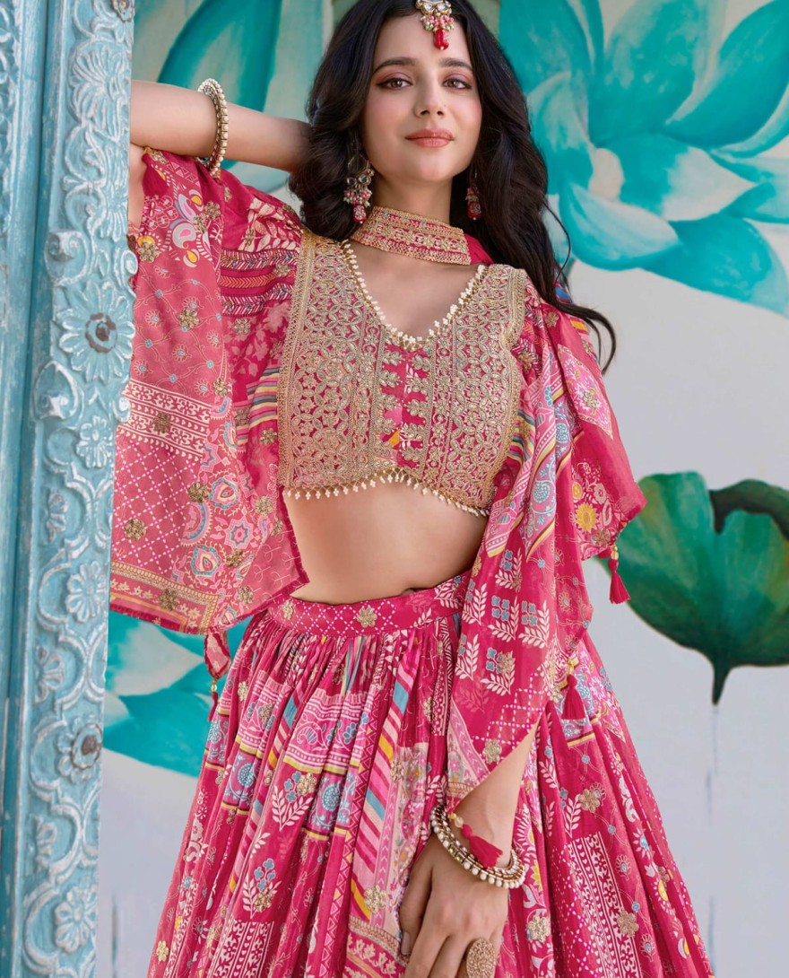 7050pink - Timeless Pink Zari Embroidered Chinon Lehenga Choli With Dupatta