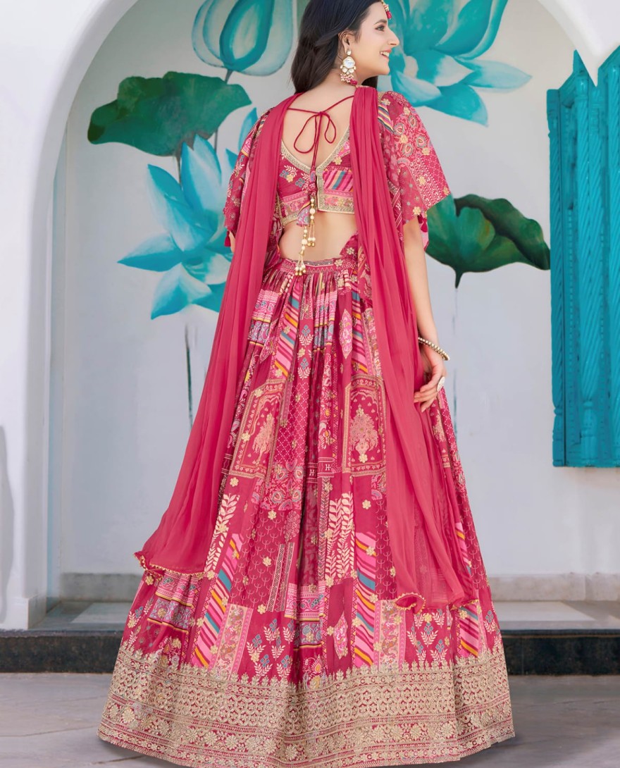 7050pink - Timeless Pink Zari Embroidered Chinon Lehenga Choli With Dupatta