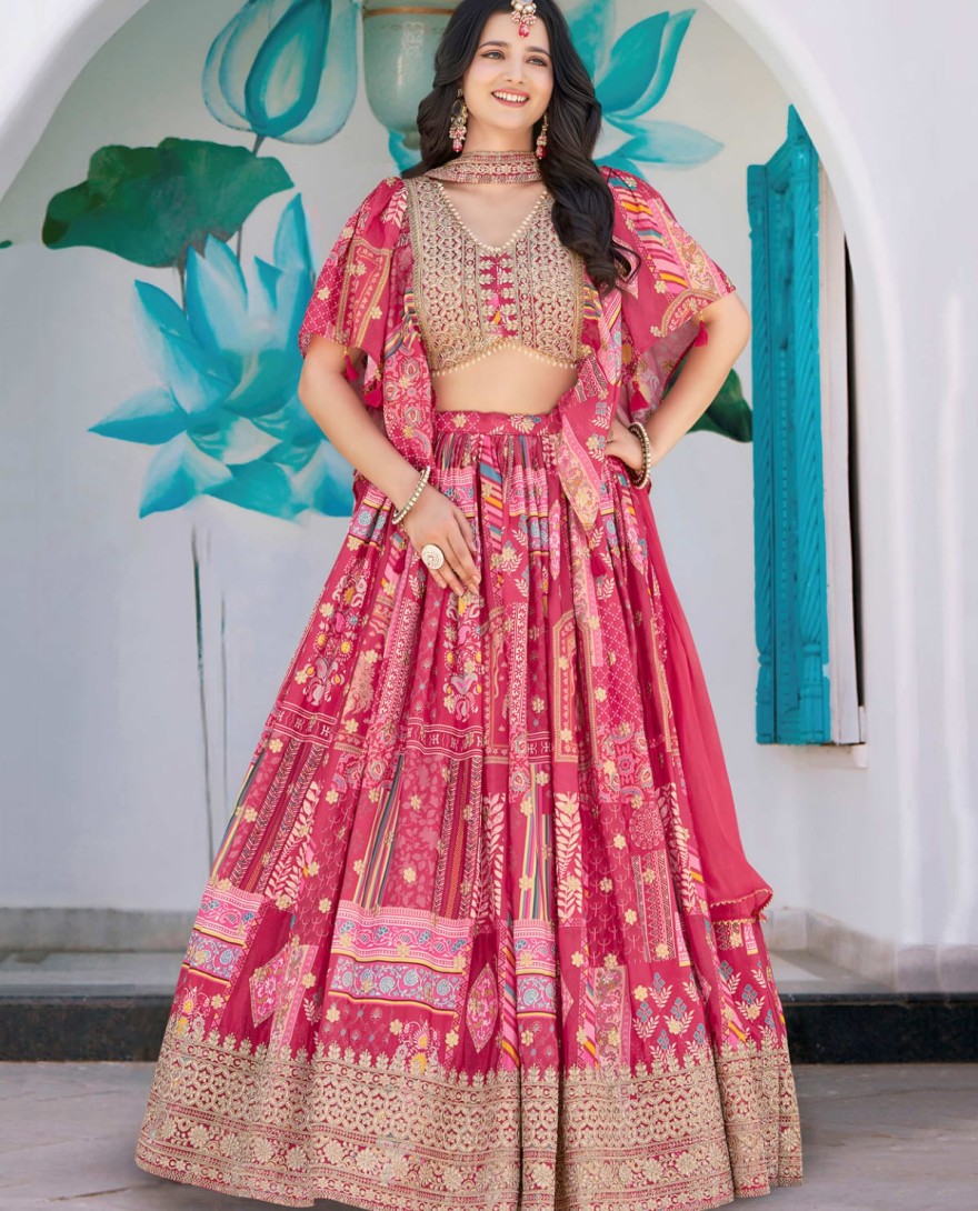 7050pink - Timeless Pink Zari Embroidered Chinon Lehenga Choli With Dupatta