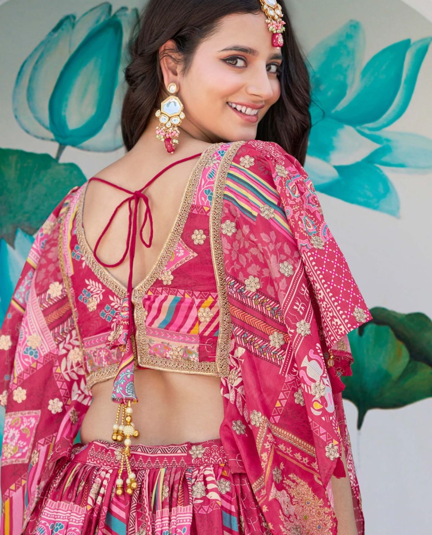 7050pink - Timeless Pink Zari Embroidered Chinon Lehenga Choli With Dupatta