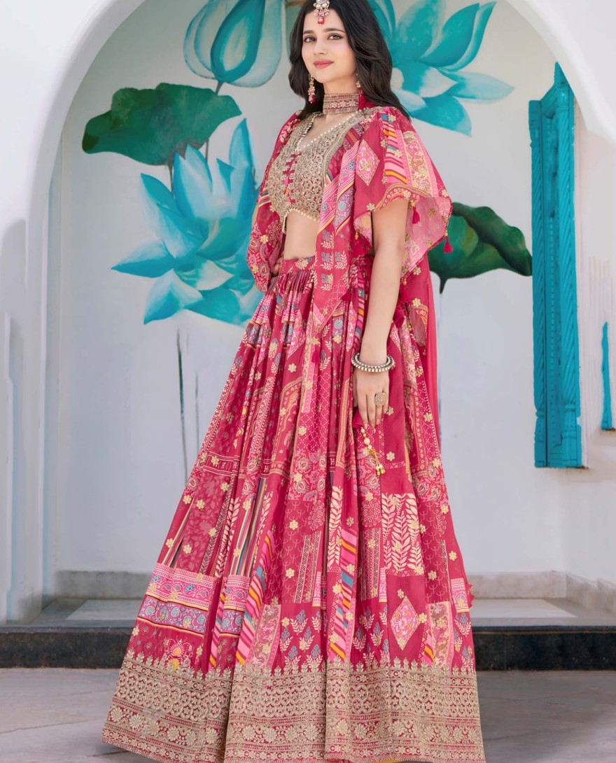 7050pink - Timeless Pink Zari Embroidered Chinon Lehenga Choli With Dupatta