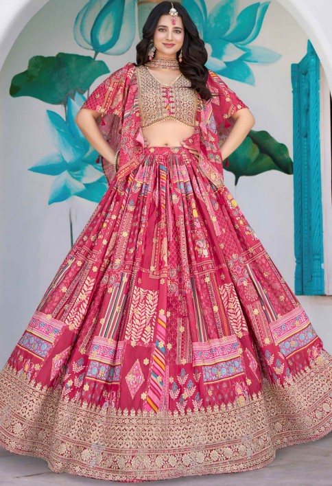 Timeless Pink Zari Embroidered Chinon Lehenga Choli With Dupatta