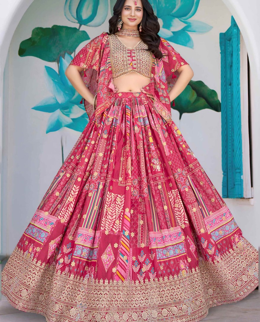 7050pink - Timeless Pink Zari Embroidered Chinon Lehenga Choli With Dupatta