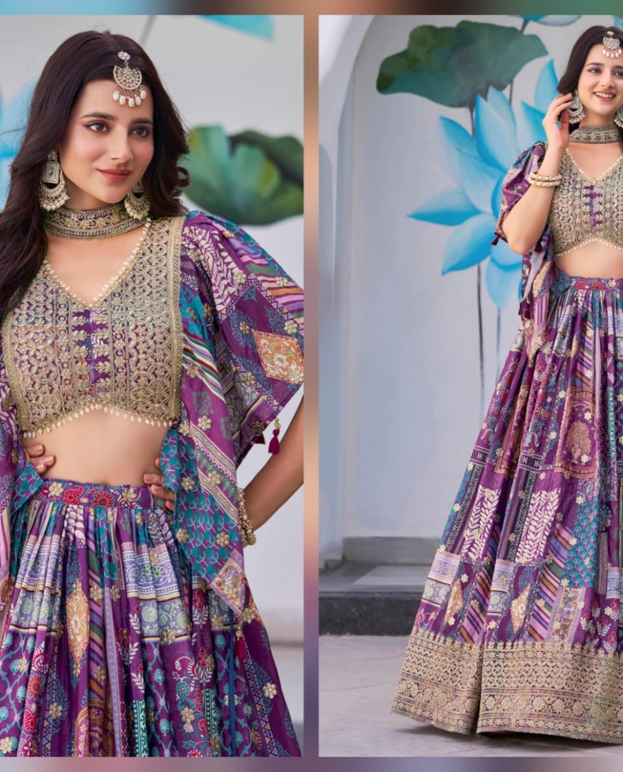 7050purple - Timeless Purple Zari Embroidered Chinon Lehenga Choli With Dupatta