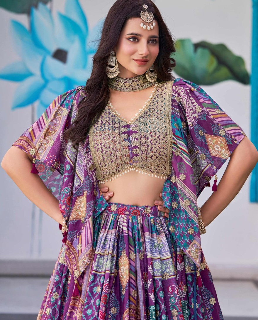 7050purple - Timeless Purple Zari Embroidered Chinon Lehenga Choli With Dupatta