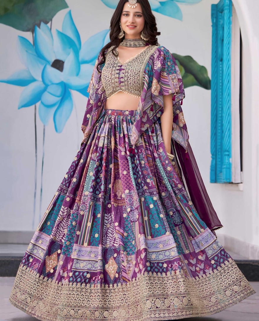 7050purple - Timeless Purple Zari Embroidered Chinon Lehenga Choli With Dupatta