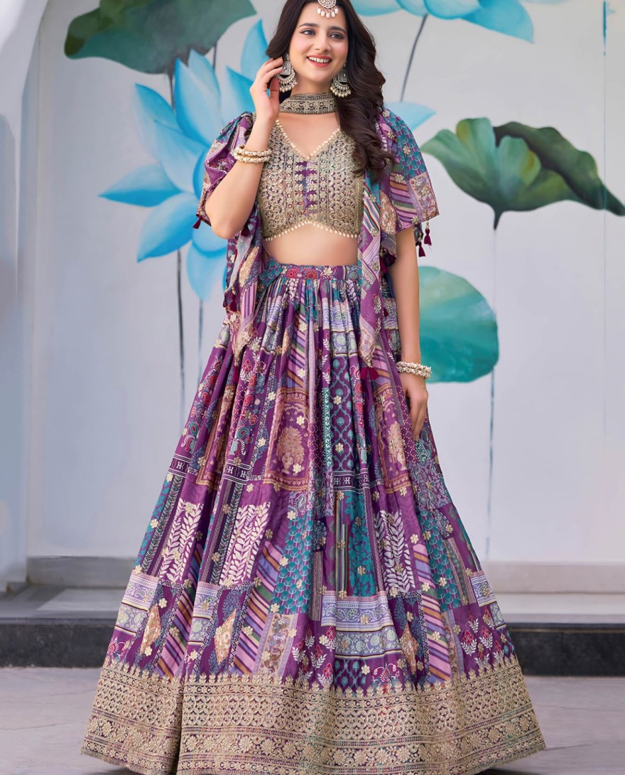 7050purple - Timeless Purple Zari Embroidered Chinon Lehenga Choli With Dupatta