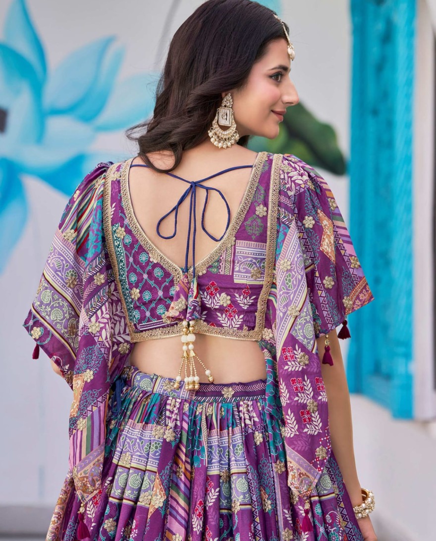 7050purple - Timeless Purple Zari Embroidered Chinon Lehenga Choli With Dupatta