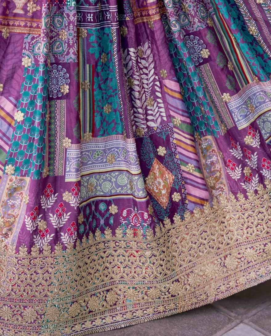 7050purple - Timeless Purple Zari Embroidered Chinon Lehenga Choli With Dupatta
