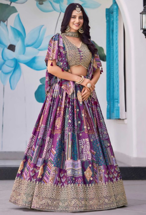 Timeless Purple Zari Embroidered Chinon Lehenga Choli With Dupatta