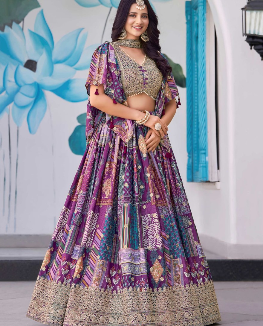 7050purple - Timeless Purple Zari Embroidered Chinon Lehenga Choli With Dupatta