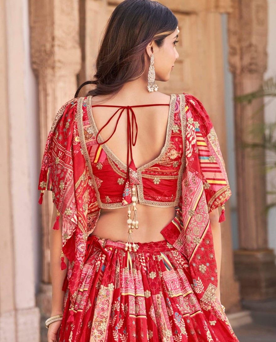 7050red - Timeless red Zari Embroidered Chinon Lehenga Choli With Dupatta