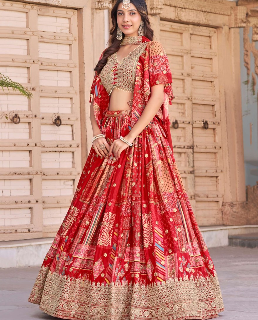 7050red - Timeless red Zari Embroidered Chinon Lehenga Choli With Dupatta