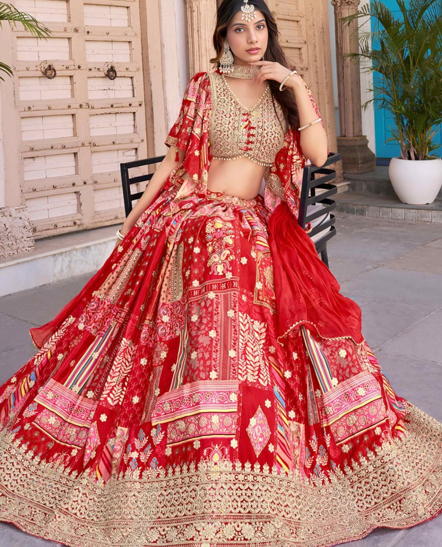 7050red - Timeless red Zari Embroidered Chinon Lehenga Choli With Dupatta