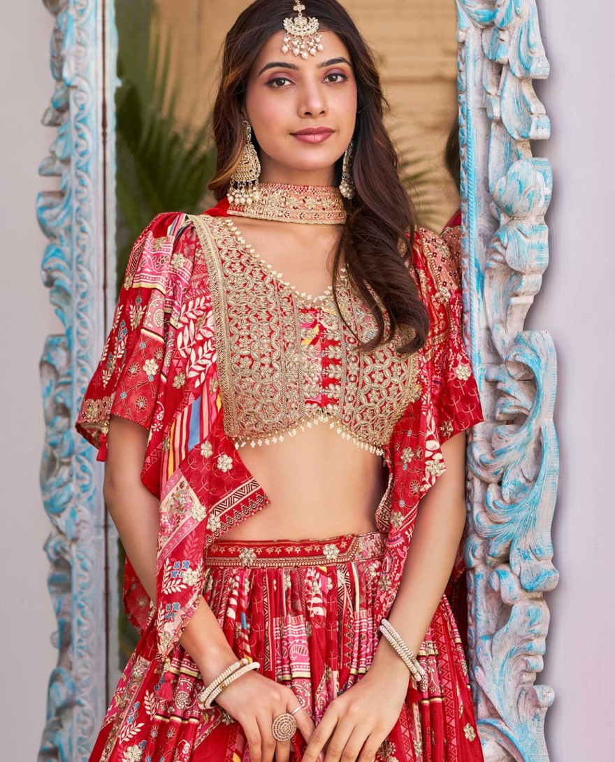 7050red - Timeless red Zari Embroidered Chinon Lehenga Choli With Dupatta