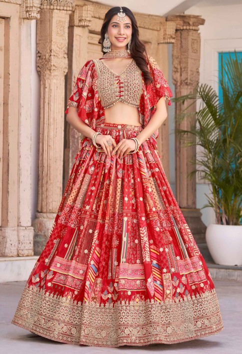Timeless red Zari Embroidered Chinon Lehenga Choli With Dupatta