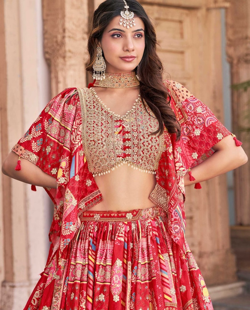 7050red - Timeless red Zari Embroidered Chinon Lehenga Choli With Dupatta
