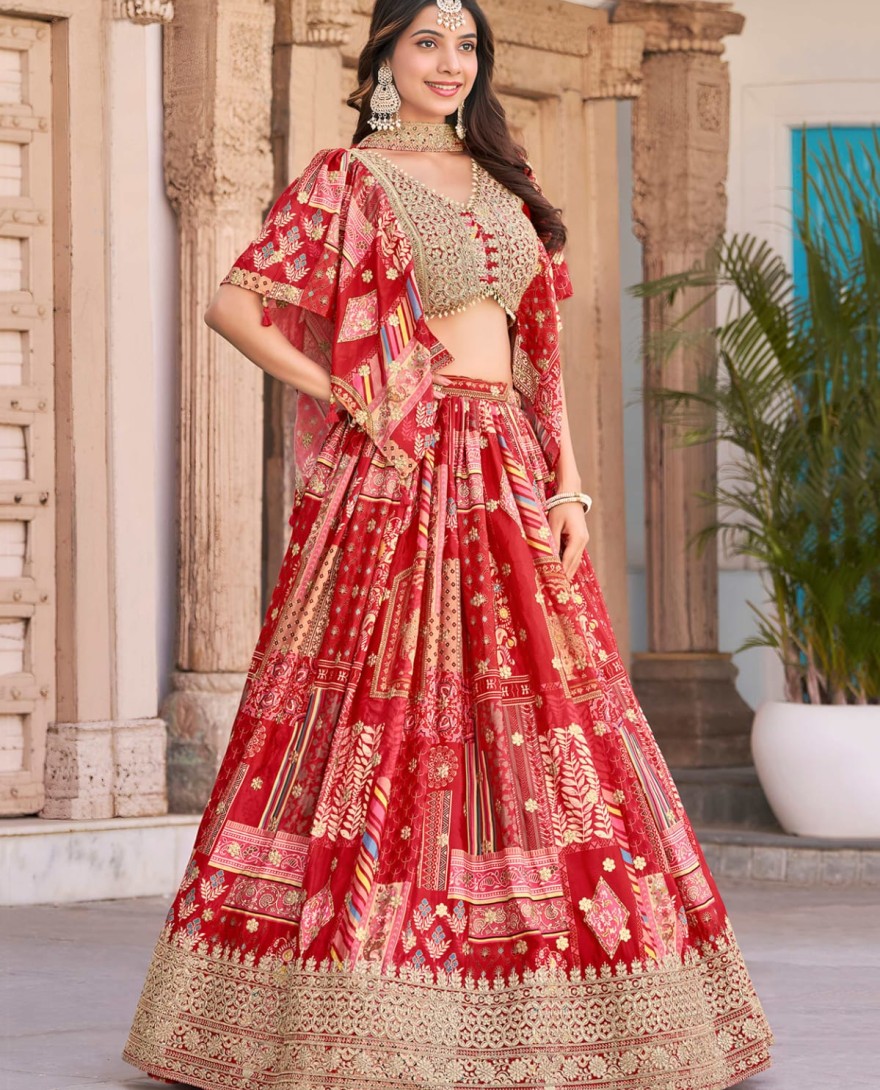 7050red - Timeless red Zari Embroidered Chinon Lehenga Choli With Dupatta