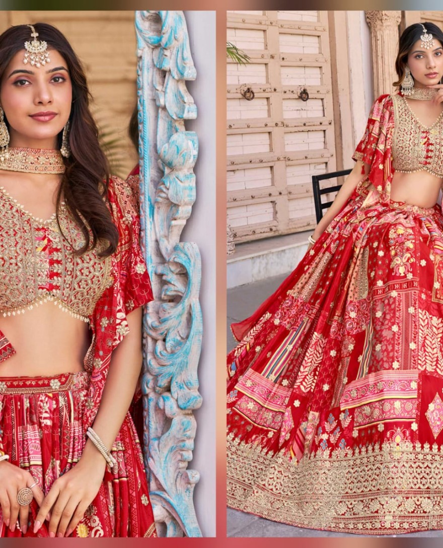 7050red - Timeless red Zari Embroidered Chinon Lehenga Choli With Dupatta