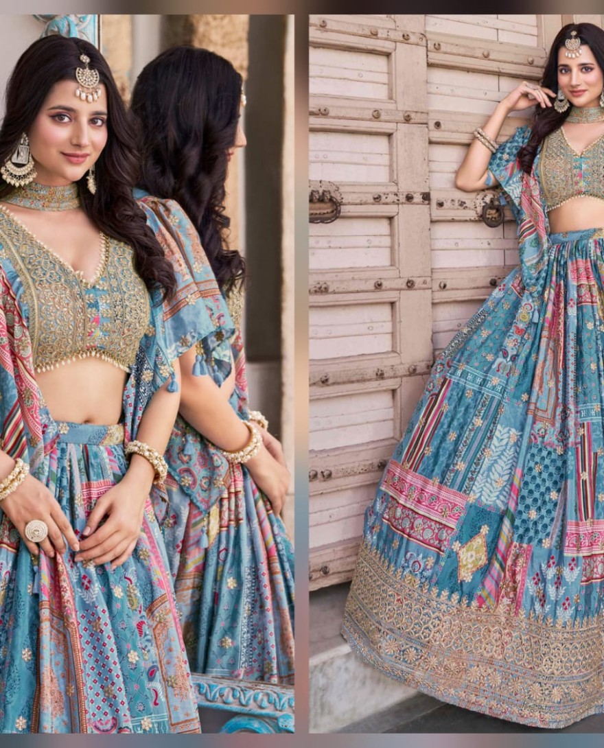 7050sky - Timeless Blue Zari Embroidered Chinon Lehenga Choli With Dupatta