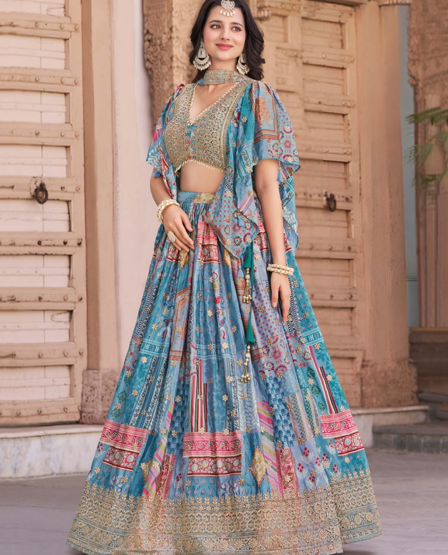 7050sky - Timeless Blue Zari Embroidered Chinon Lehenga Choli With Dupatta