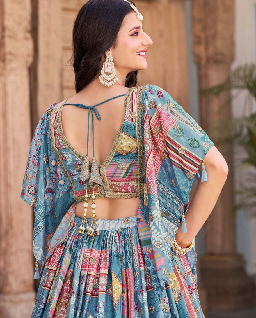 7050sky - Timeless Blue Zari Embroidered Chinon Lehenga Choli With Dupatta