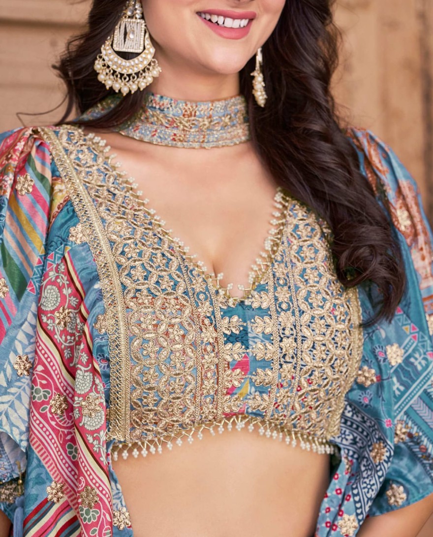 7050sky - Timeless Blue Zari Embroidered Chinon Lehenga Choli With Dupatta