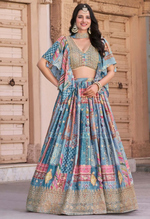 Timeless Blue Zari Embroidered Chinon Lehenga Choli With Dupatta