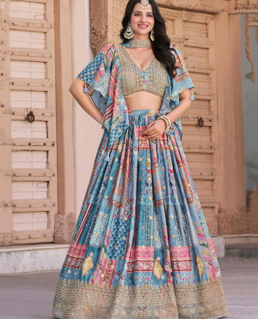 7050sky - Timeless Blue Zari Embroidered Chinon Lehenga Choli With Dupatta