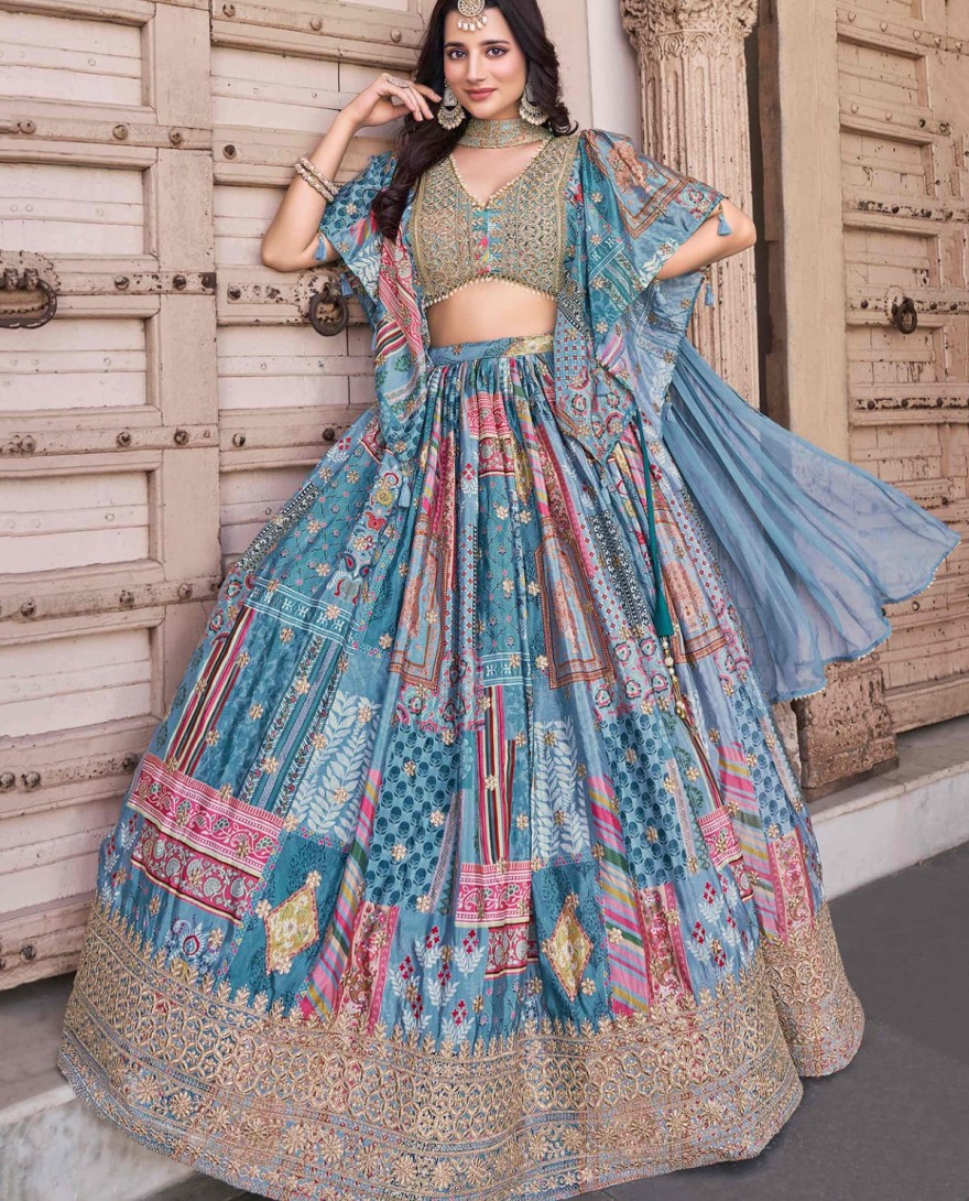 7050sky - Timeless Blue Zari Embroidered Chinon Lehenga Choli With Dupatta