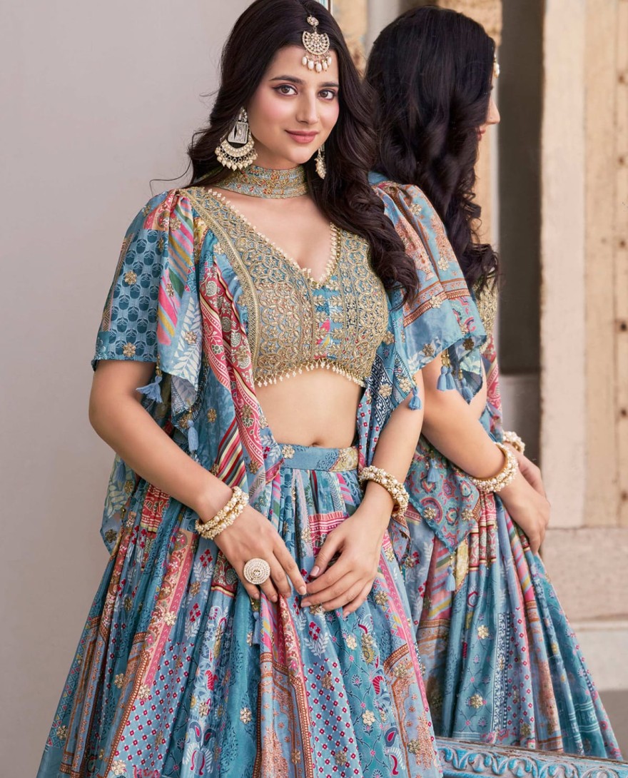 7050sky - Timeless Blue Zari Embroidered Chinon Lehenga Choli With Dupatta