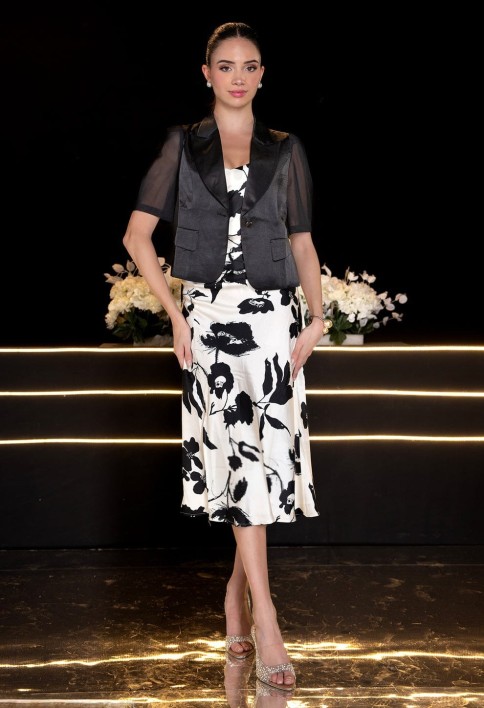 White Satin Slit Dress With Blazer