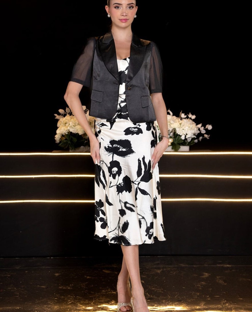 DRESS - White Satin Slit Dress With Blazer