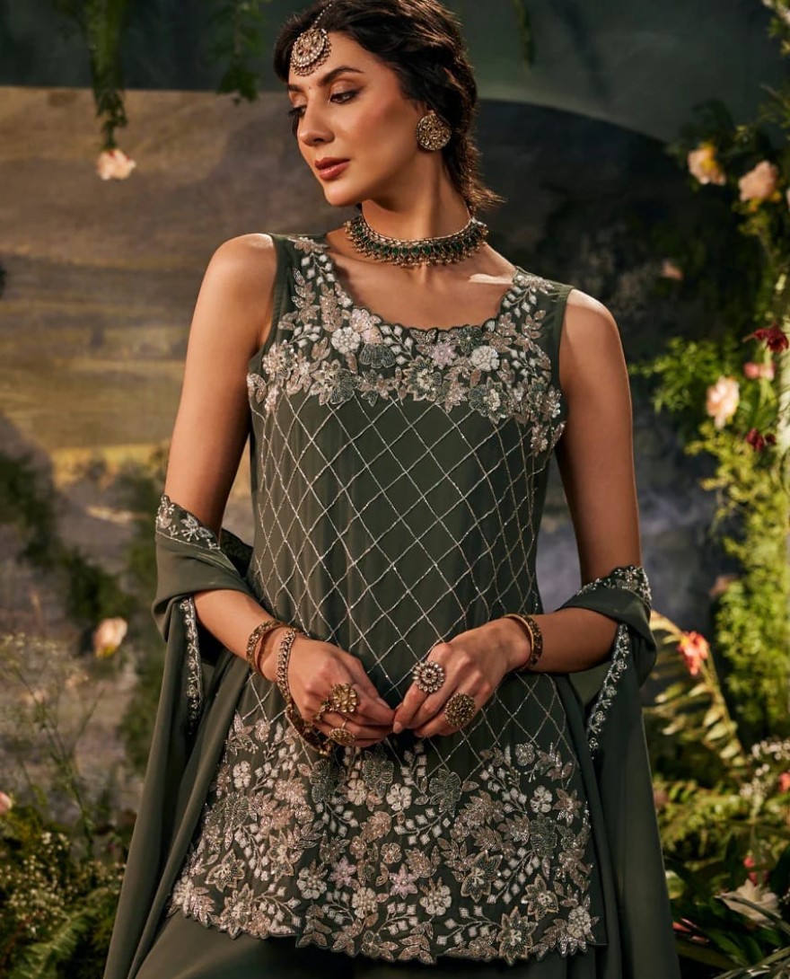 GREEN - Olive Green Handwork-Palazzo Set