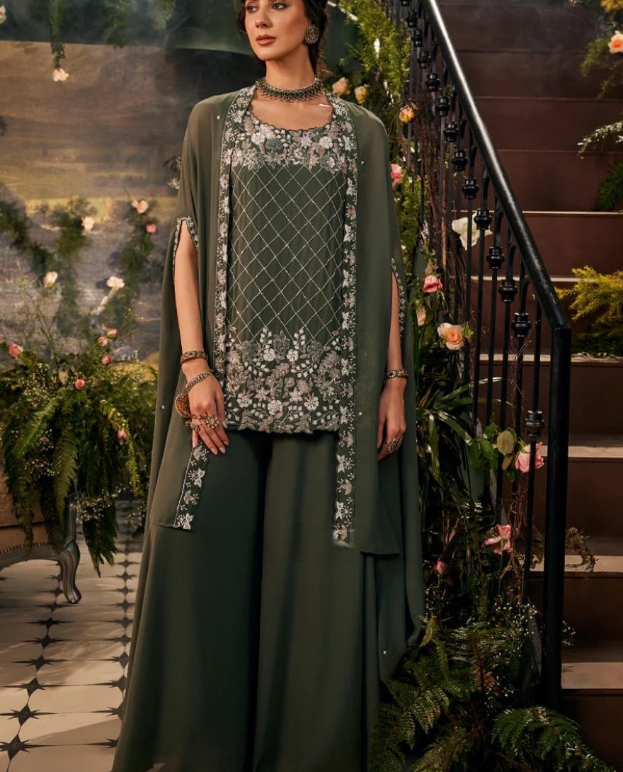 GREEN - Olive Green Handwork-Palazzo Set