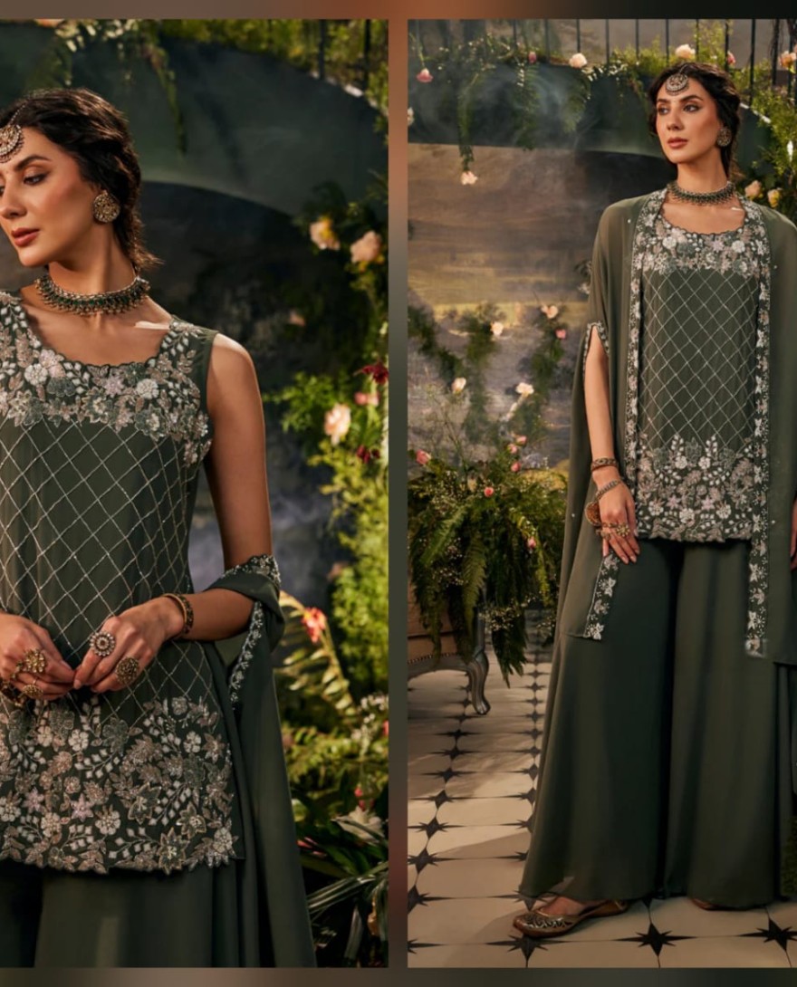 GREEN - Olive Green Handwork-Palazzo Set