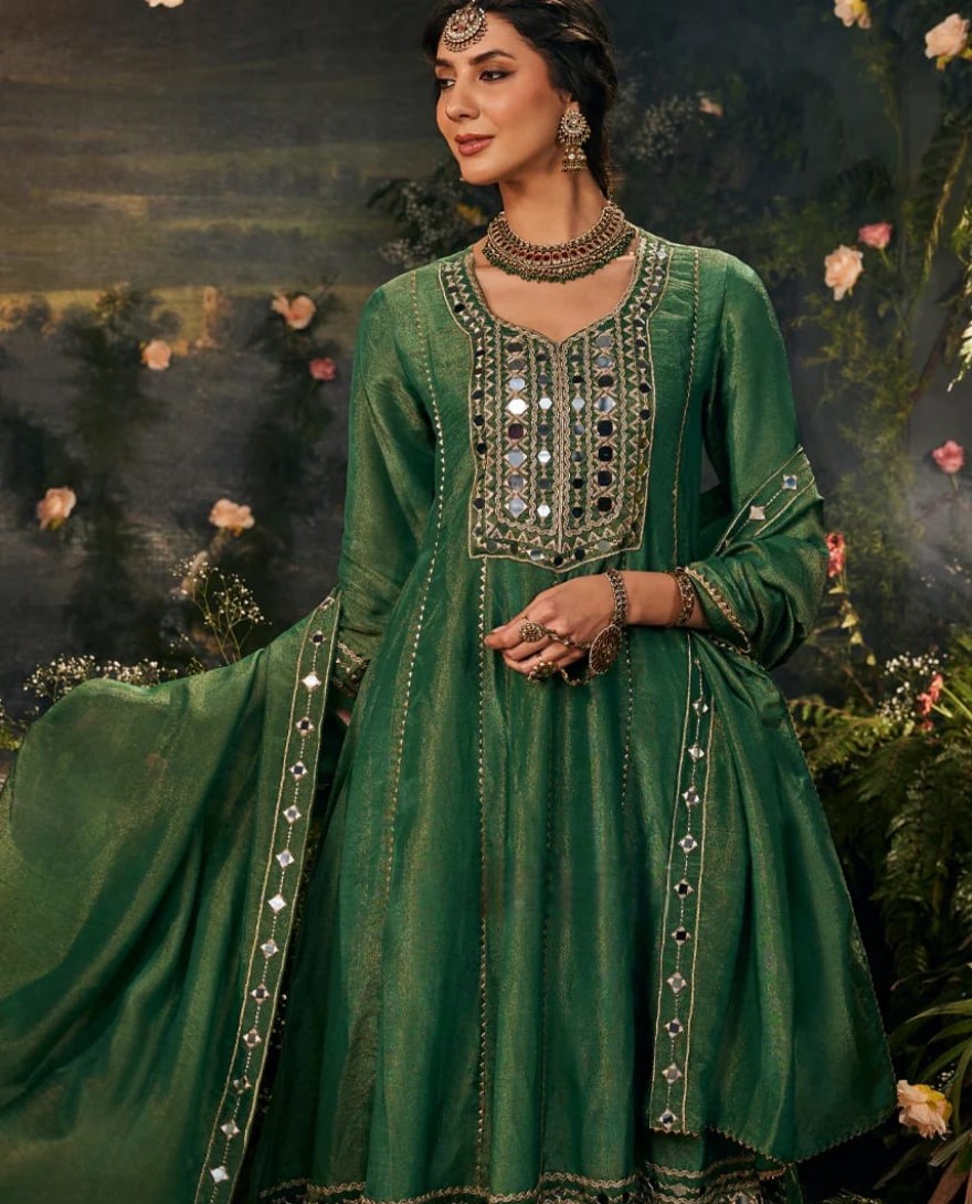 GREEN - Mirrorwork Green-Anarkali set