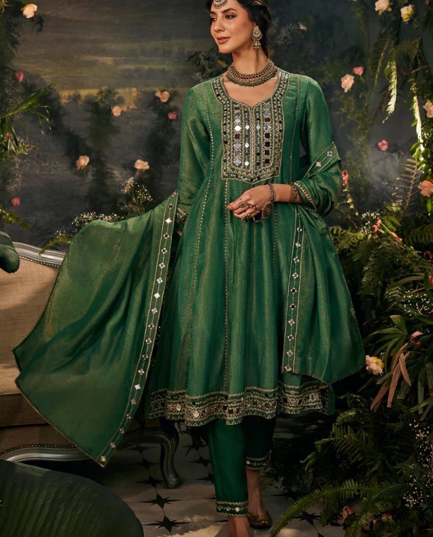 GREEN - Mirrorwork Green-Anarkali set